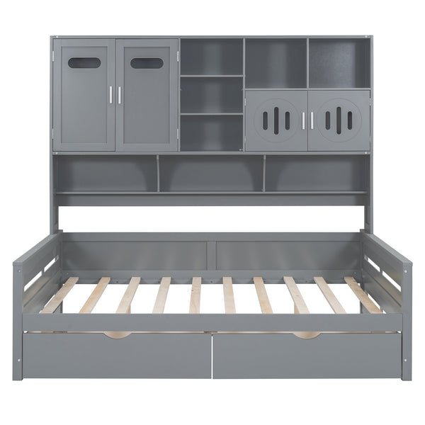 English Elm Full Size Wooden Daybed With Storage Drawers, Integrated Cabinet, And Stylish Gray Finish - Perfect For Any Space! N820S00016E