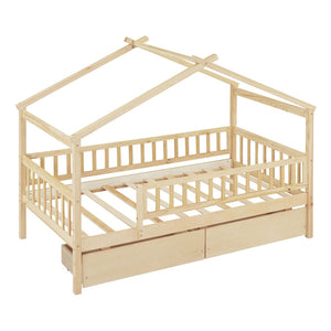 English Elm Twin House Bed Pine Wood Frame with Storage Drawers Kids Bedroom Playful Design Natural WF302181AAN