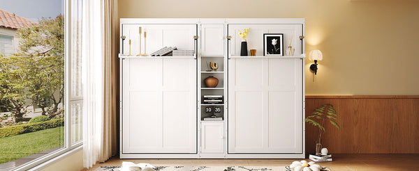 English Elm Dual Twin Murphy Beds with Built-In Cabinets & Shelves for Space-Saving Guest Rooms and Studios White N820S00058K