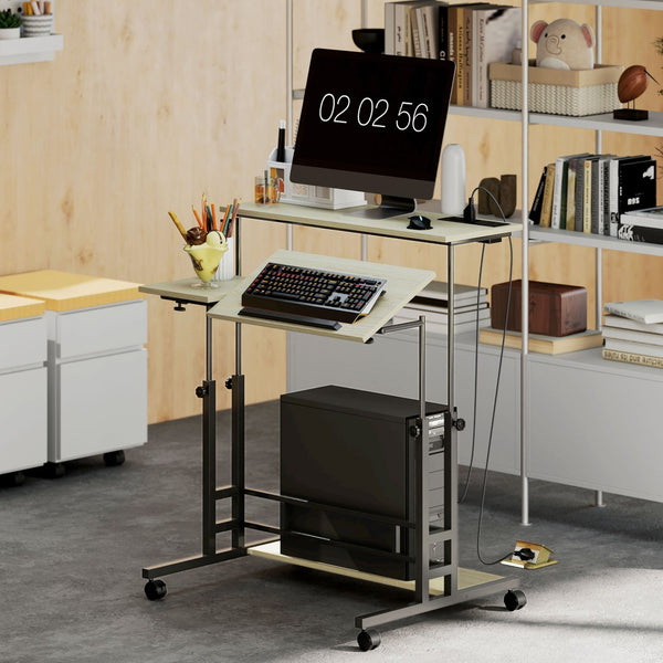 English Elm Homcom Rolling Standing Desk with Power Outlets Usb Ports Tiltable Oak Home Office W2225P485619
