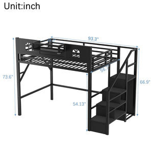 English Elm Full Size Steel Loft Bed with Staircase Storage Wardrobe Desk and Led Lighting Black W2593S00055