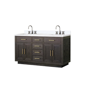 English Elm Brown Oak 60" Double Bath Vanity with White Quartz Top, Soft-Close Drawers & Chrome Faucets Set B2731P257740