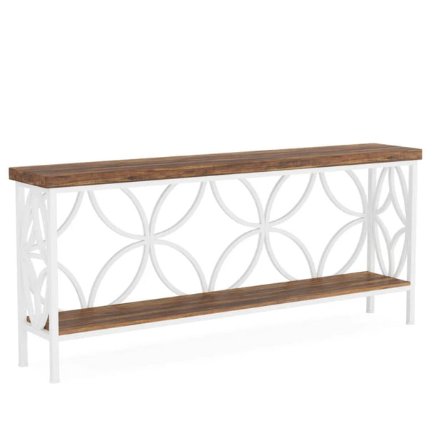 English Elm Coffee Console Table Industrial Metal Frame Vintage Wood Grain 2 Tier Entryway Sofa Rustic,White T3971P446786