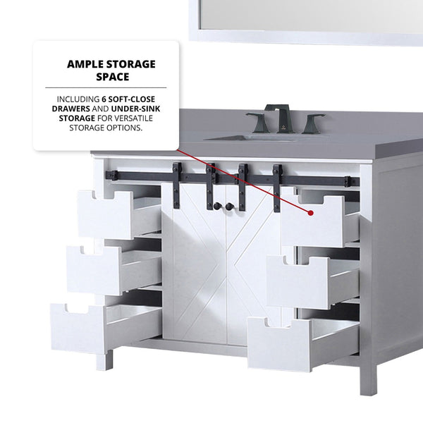 English Elm White Bath Vanity Set With 48" Cabinet, Grey Quartz Top, Matte Black Faucet & 44" Mirror For Elegance B2731S01277-GIGA