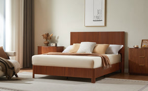 English Elm Queen Walnut Platform Bed Sculptural Corrugated Headboard No Box Spring Required W1820P414053
