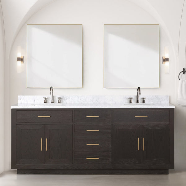 English Elm Brown Oak Double Bath Vanity With Carrara Marble Top, Soft-Close Drawers & 2 Frameless Mirrors B2731S01543