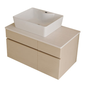 English Elm 31.5 Inch Wall Mounted Bathroom Vanity with Ceramic Vessel Sink and Soft Close Storage W3136S00079
