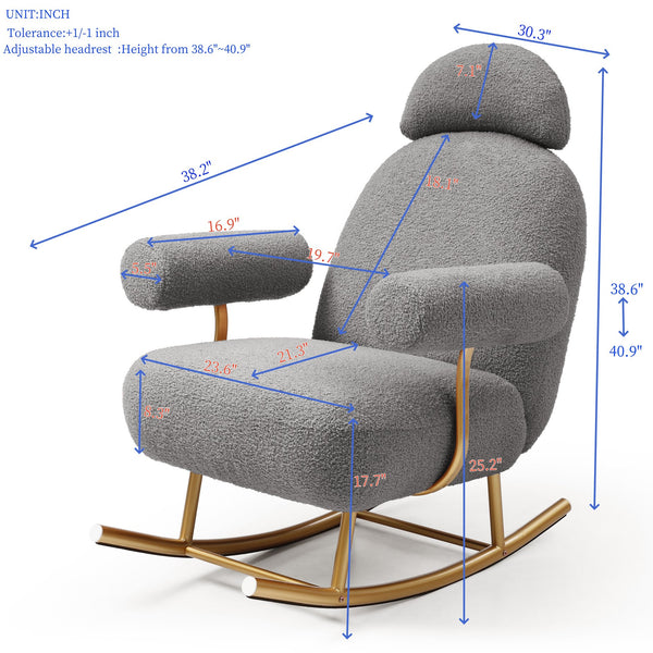 English Elm Modern Sherpa Nursery Rocking Chair - Plush Upholstered Glider with Gold Frame, Cozy Accent Seat for Nursery, Living Room, Bedroom, Office (Grey) W1117104492