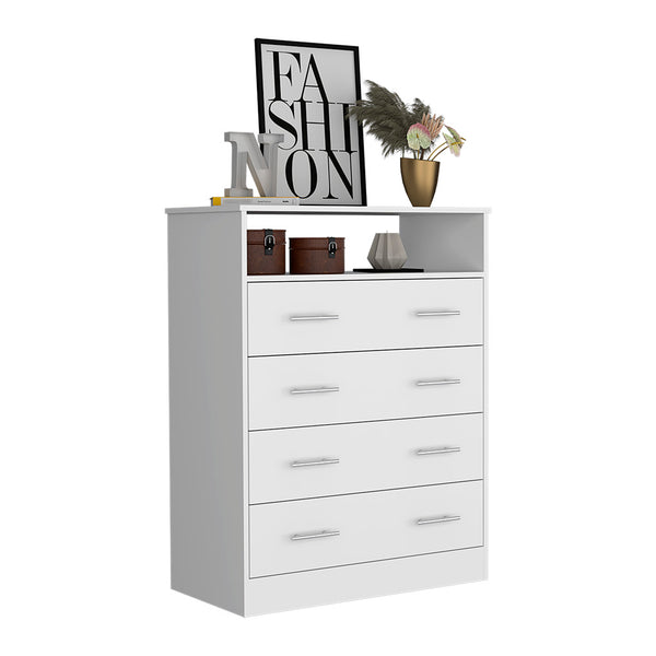 English Elm Four Drawer Dresser with Superior Top and Open Shelf, Engineered Wood, Metal Hardware, Modern Storage White 47 L x 21 W x 4 H B097S00114