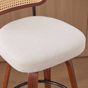 English Elm Set of 2 Swivel Counter Stools Walnut Frame Rattan Back Linen Seat Kitchen Island Beige W1143P392163