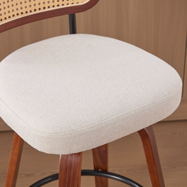English Elm Set of 2 Swivel Counter Stools Walnut Frame Rattan Back Linen Seat Kitchen Island Beige W1143P392171