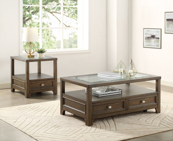 English Elm Modern Birch Veneer End Table with Glass Top Drawer and Open Shelf for Living Rooms B011P460074