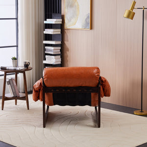 English Elm Medieval premium lounge chair with oil-waxed leather, removable cushion, mortise & tenon frame stability Retro Orange W2989P328541