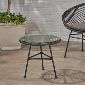 English Elm Orlando Outdoor Faux Rattan Side Table Tempered Glass Top for Deck or Porch 65038.00GRY