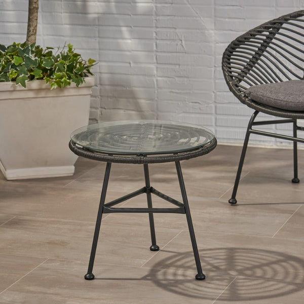 English Elm Orlando Outdoor Faux Rattan Side Table Tempered Glass Top for Deck or Porch 65038.00GRY