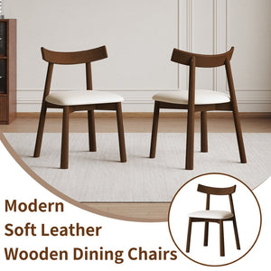 English Elm Set of 2 Armless Wood Dining Chairs Leather Cushioned Ergonomic Curved Back Dark Walnut W2700P388273