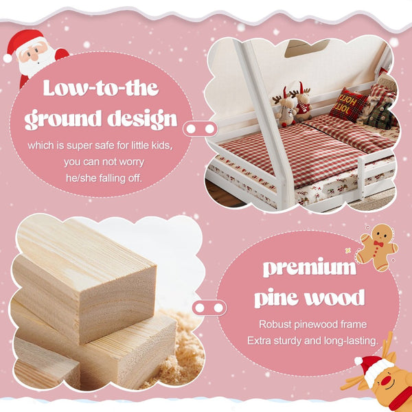 English Elm Twin Montessori Floor Bed Solid Pine Teepee Frame with Guardrails and Canopy Light White+Pink W1580P369467