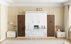 English Elm Full Size Murphy Wall Bed with Wardrobes Desk Drawers and Led Light in White LP000924AAK