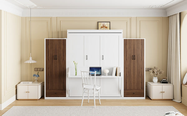 English Elm Full Size Murphy Wall Bed with Wardrobes Desk Drawers and Led Light in White LP000924AAK