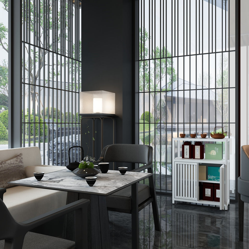 English Elm White Bamboo Storage Cabinet with Shelves — Large Capacity Freestanding Bathroom & Living Room Organizer, Durable Eco-Friendly Design W2207P242509