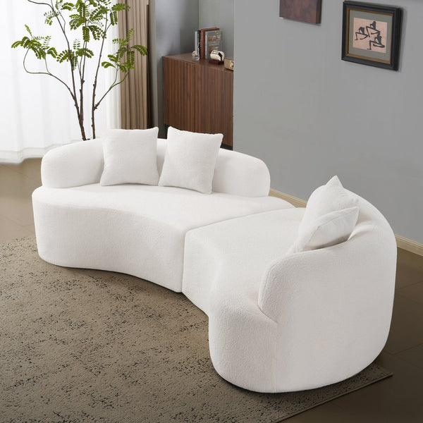 English Elm Curved Four-Seater Teddy Velvet Sofa with Full-Compression Sponge and Spring Support, No-Assembly, Compact White W3612S00001