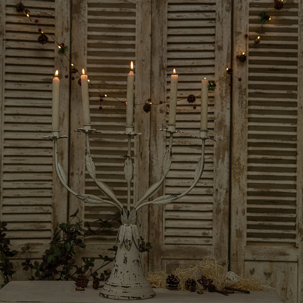 English Elm Vintage Metal Candelabra with Scrollwork Arms and Off-white Patina for Elegant Dining W2946P243906