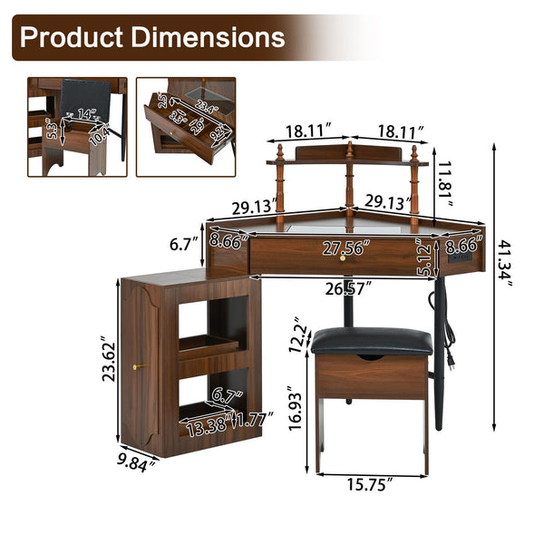 English Elm Corner Vanity Desk Set with Stool Charging Station Glass Top Pull-Out Cabinet Jewelry Organizer Walnut 35.82 L x 32 W x 8 H N733P336237D