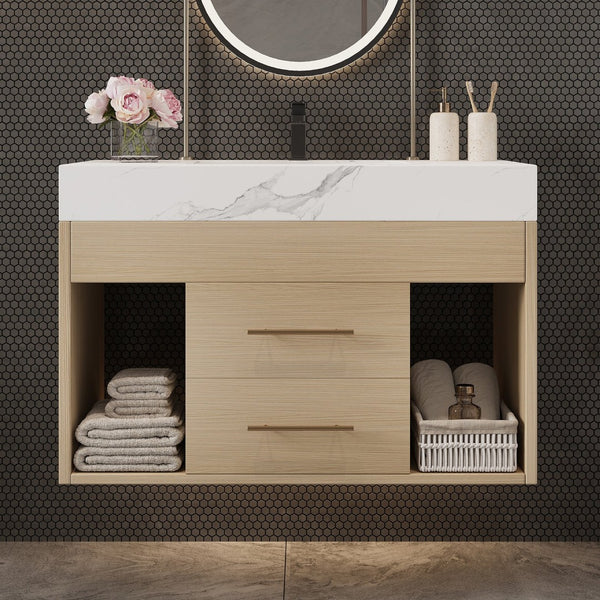 English Elm 29.9" Floating Bathroom Vanity Sintered Stone Top Soft Close Drawers Bronze Gold Hardware White,Wood W3136S00039