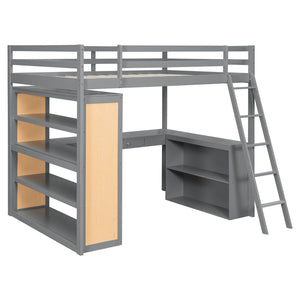 English Elm Full Size Loft Bed with Desk Shelves Writeable Board Pine Frame Gray Finish LT100226AAE-1