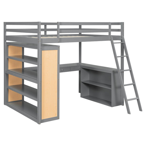 English Elm Full Size Loft Bed with Desk Shelves Writeable Board Pine Frame Gray Finish LT100226AAE-1
