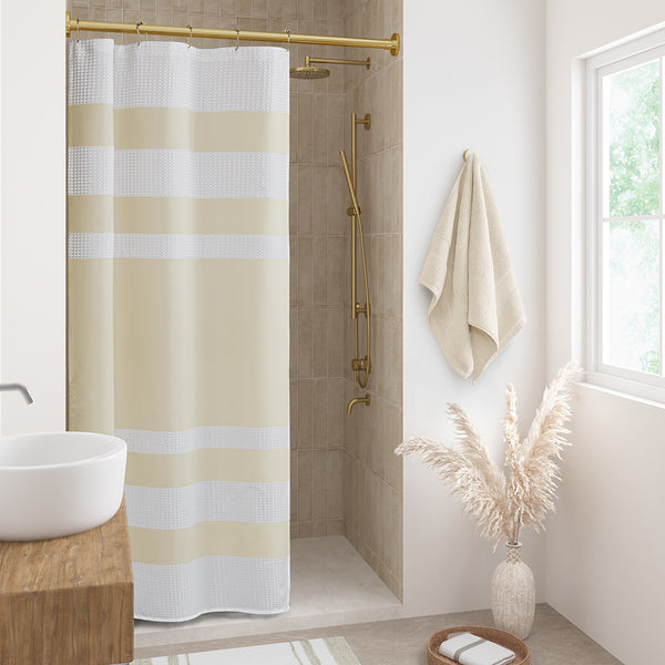 JLA Home Madison Park - Shower Waffle Curtain with Scotchgard Water-Repellent Finish, Textured Stripe Design for Spa Bathrooms Cream MP70-8559
