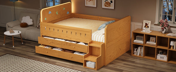 English Elm Wooden Full Bed Frame with Led Headboard Four Storage Drawers and Ladder Shelf Wood N7090004028D