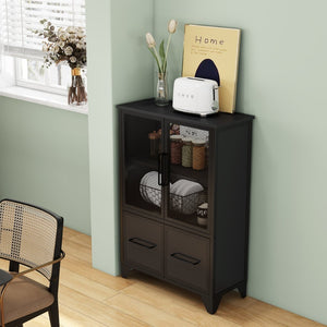 English Elm Storage Cabinet Matte Iron Four Door Sideboard with Adjustable Shelf for Modern Interiors Black W3151P407882