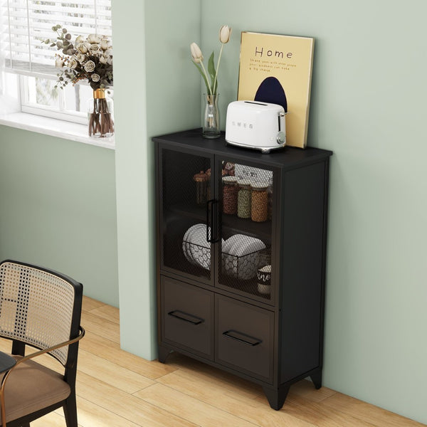 English Elm Storage Cabinet Matte Iron Four Door Sideboard with Adjustable Shelf for Modern Interiors Black W3151P407882