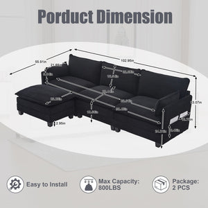 English Elm United We Win Modular Corduroy Sectional with Ottoman Low Profile Living Room Couch Black W1568S00260