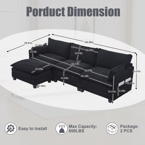 English Elm United We Win Modular Corduroy Sectional with Ottoman Low Profile Living Room Couch Black W1568S00260