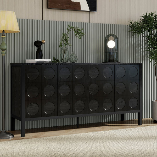 English Elm Stylish Geometric Circle Door Sideboard Cabinet with MDF Solid Wood Legs Adjustable Shelves Black W2696P256250