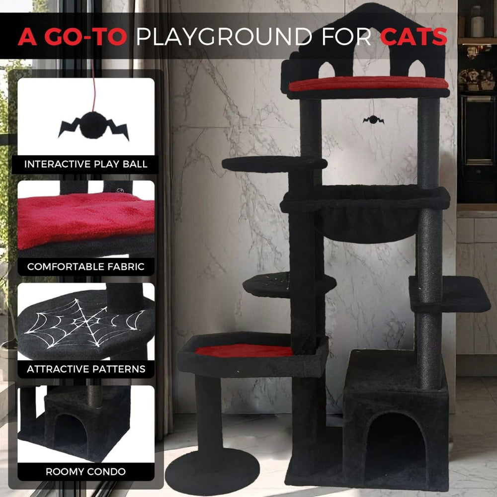 English Elm Black Gothic Cat Tower 58in Coffin Platform Sisal Scratching Hammock Cave Indoor W243P351721