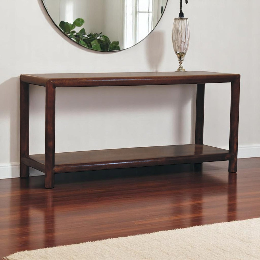 English Elm Solid Wood Bench with Lower Shelf in Rich Chestnut Finish — Handcrafted Mango Wood, Sleek Curves, Versatile Storage (45.3"x17.7") B182P337470