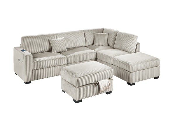 English Elm Camel Wide-Welt Corduroy Sectional Sofa Set with Reversible Chaise, USB & Storage Ottoman, Plush B011S01772