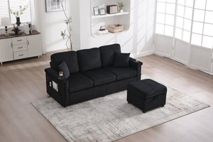 English Elm UNITED Corduroy L-Shaped Sectional Sofa with Storage Ottoman, USB Ports, Cup Holders & LED Lighting Black W1568P332409