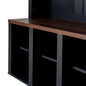 English Elm Farmhouse Hall Tree Walnut Bench Two-tone Entryway Organizer with Six Hooks Shoe Storage N721S000044B-1