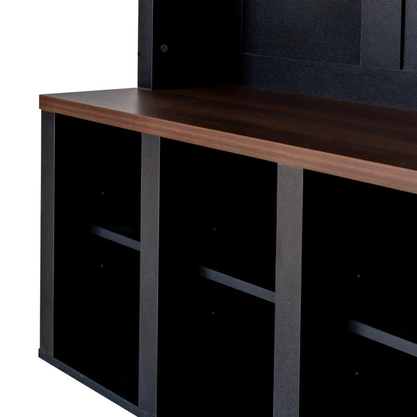 English Elm Farmhouse Hall Tree Walnut Bench Two-tone Entryway Organizer with Six Hooks Shoe Storage N721S000044B-1