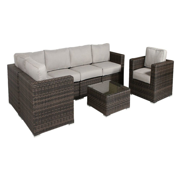 English Elm 5-Person Wicker Patio Set with Cushions Fully Assembled — 7-Piece Weatherproof Aluminum Sofa Set, Plush 5" Cushions Grey B120S00107
