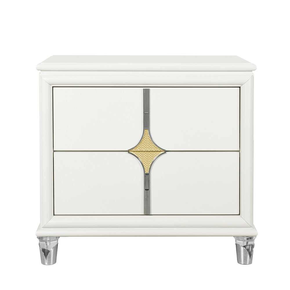 English Elm URIUNI Gold Nightstand with Gold Accented Drawers, Acrylic Front Legs, Spacious Storage, Modern Elegance B201P299630