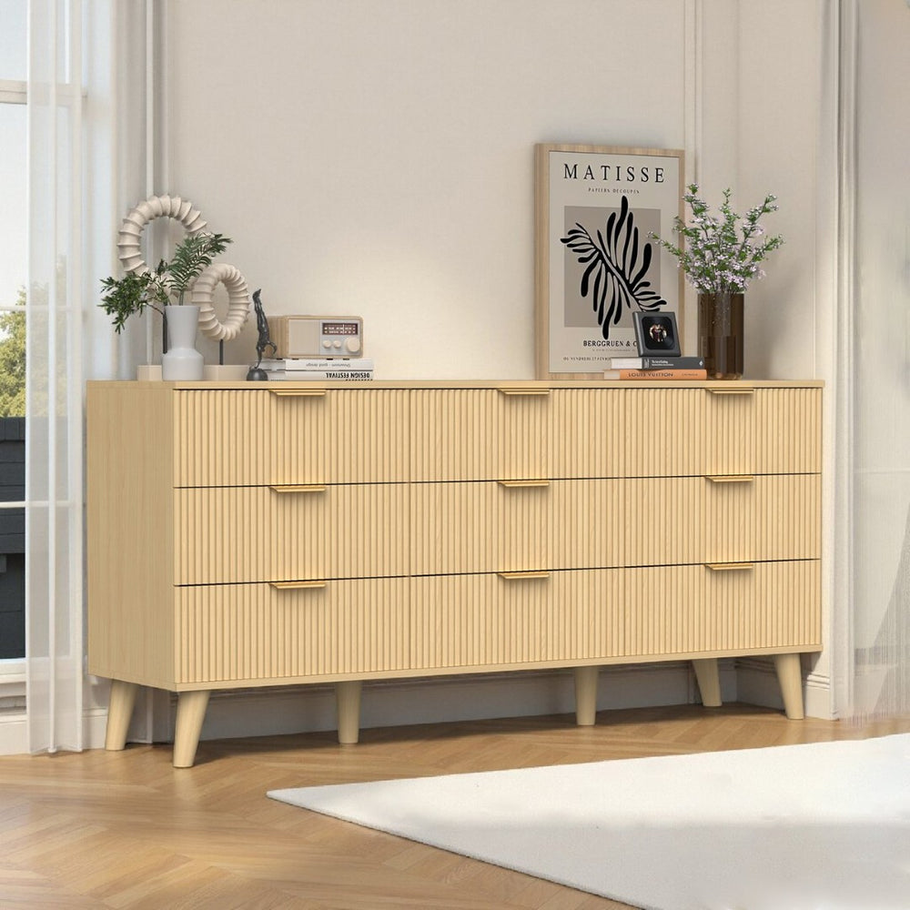 English Elm 9 Drawer Fluted Wood Dresser with Bohemian Texture for Bedroom Nursery or Entryway T3773P415598