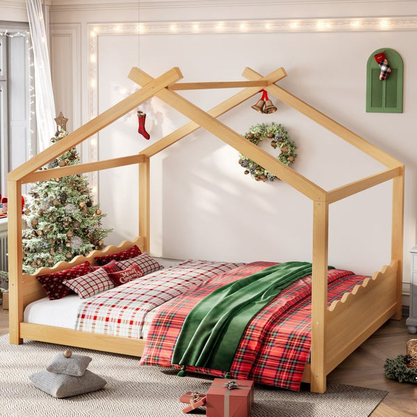 English Elm Queen House Frame Floor Bed Solid Pine Montessori Low Profile Kids Bedroom Natural W1580P387849