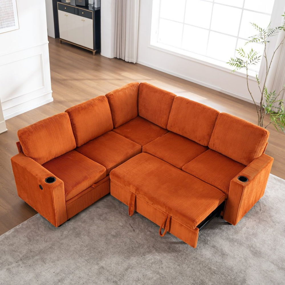 English Elm Sectional Corduroy Sleeper Sofa with Storage and Charging Ports for Small Spaces Orange W1361S00076