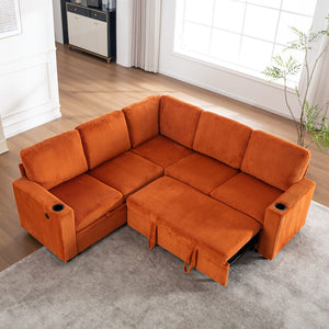 English Elm Sectional Corduroy Sleeper Sofa with Storage and Charging Ports for Small Spaces Orange W1361S00076