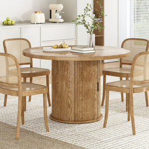 English Elm 43" Round Wood Dining Table with Geometric Metal Base Seats 4 Space Saving Modern Walnut T3623P433903